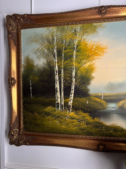 Vintage Large Landscape Oil Painting – Woodland River Scene, Ornate Gilt Frame (104 x 74 cm)