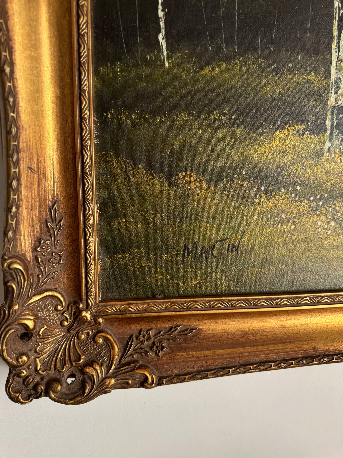 Vintage Large Landscape Oil Painting – Woodland River Scene, Ornate Gilt Frame (104 x 74 cm)