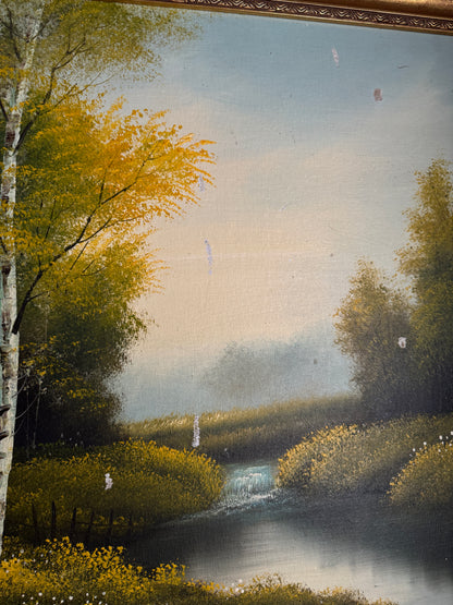 Vintage Large Landscape Oil Painting – Woodland River Scene, Ornate Gilt Frame (104 x 74 cm)