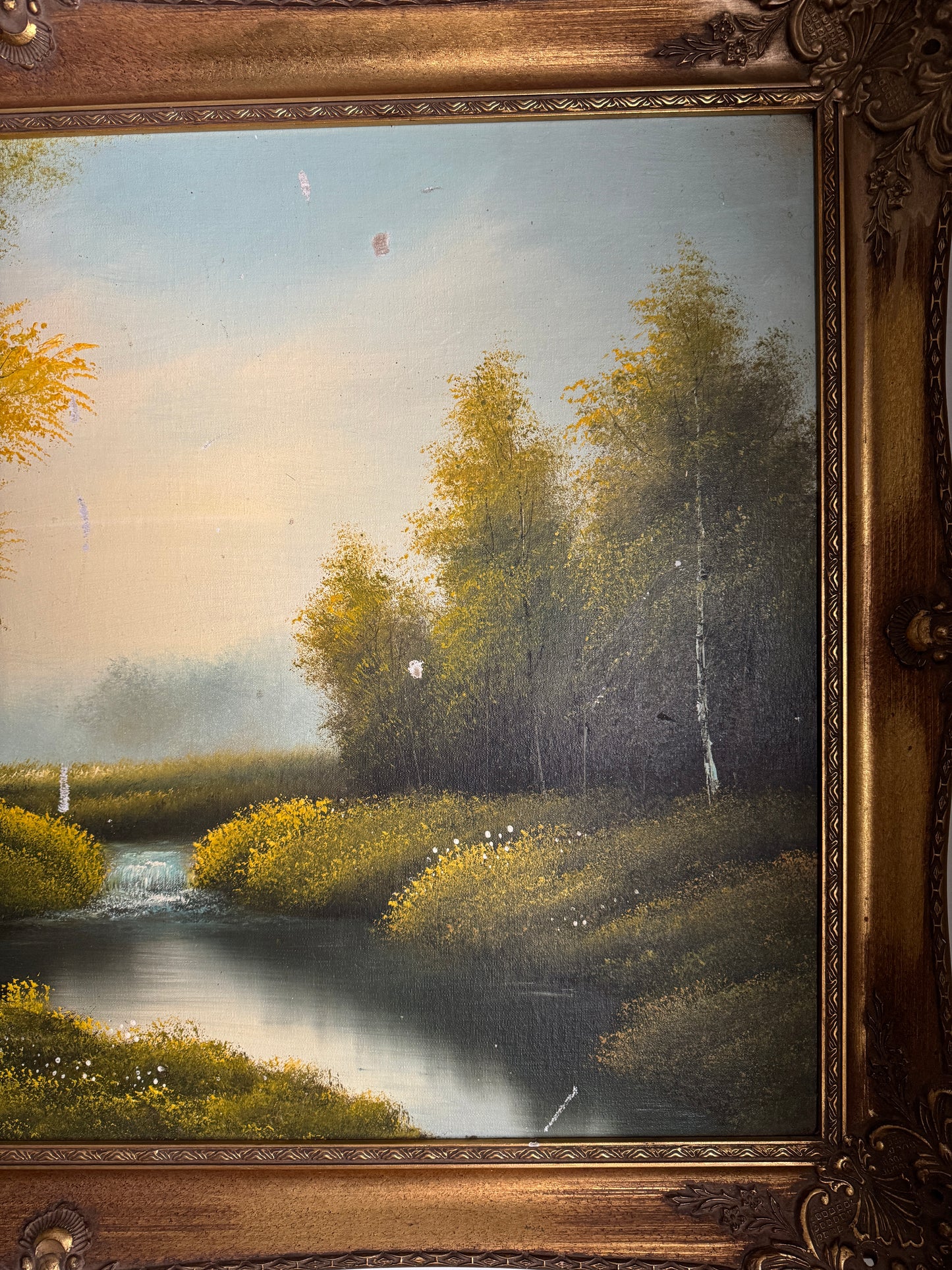 Vintage Large Landscape Oil Painting – Woodland River Scene, Ornate Gilt Frame (104 x 74 cm)