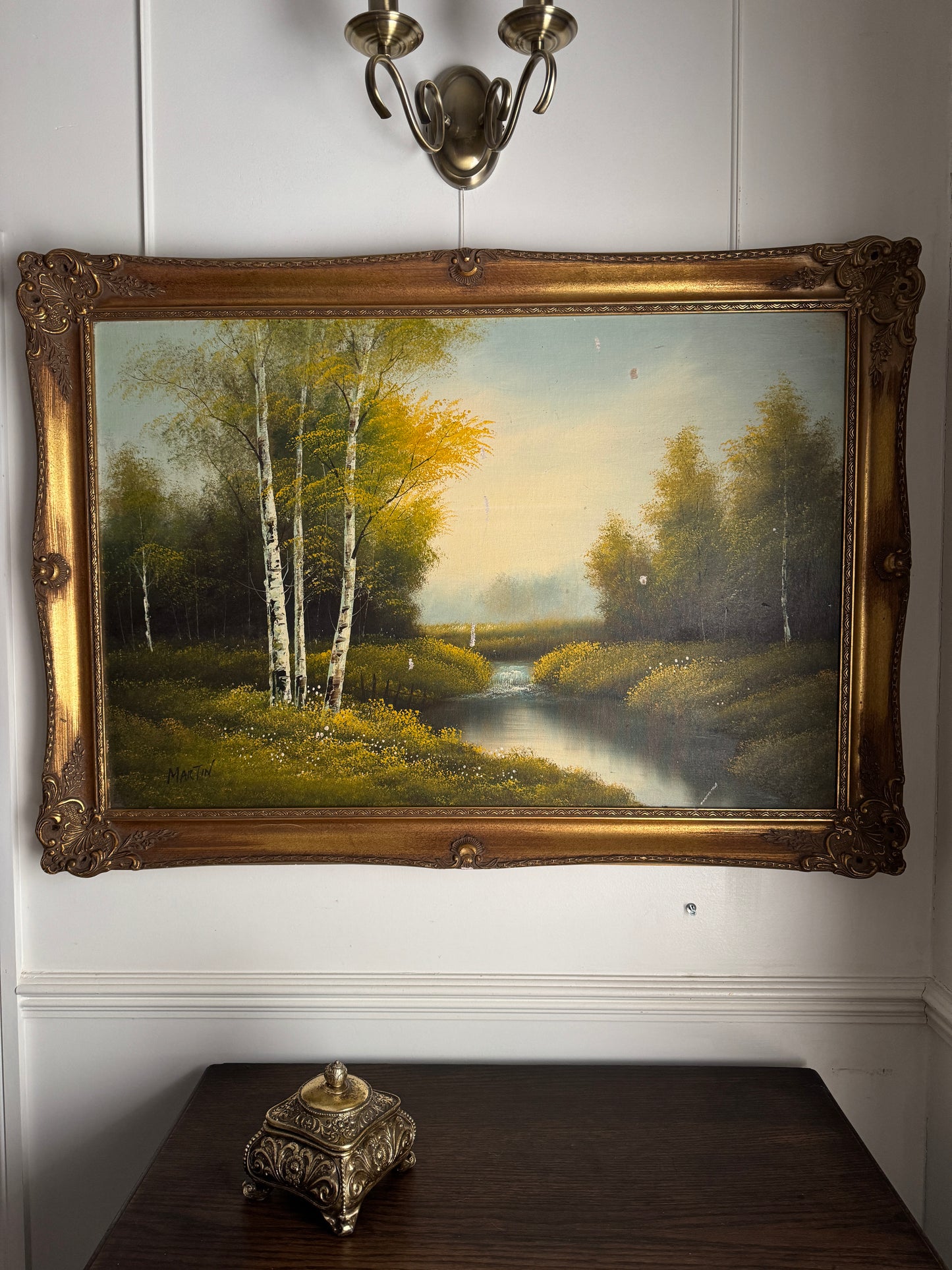 Vintage Large Landscape Oil Painting – Woodland River Scene, Ornate Gilt Frame (104 x 74 cm)