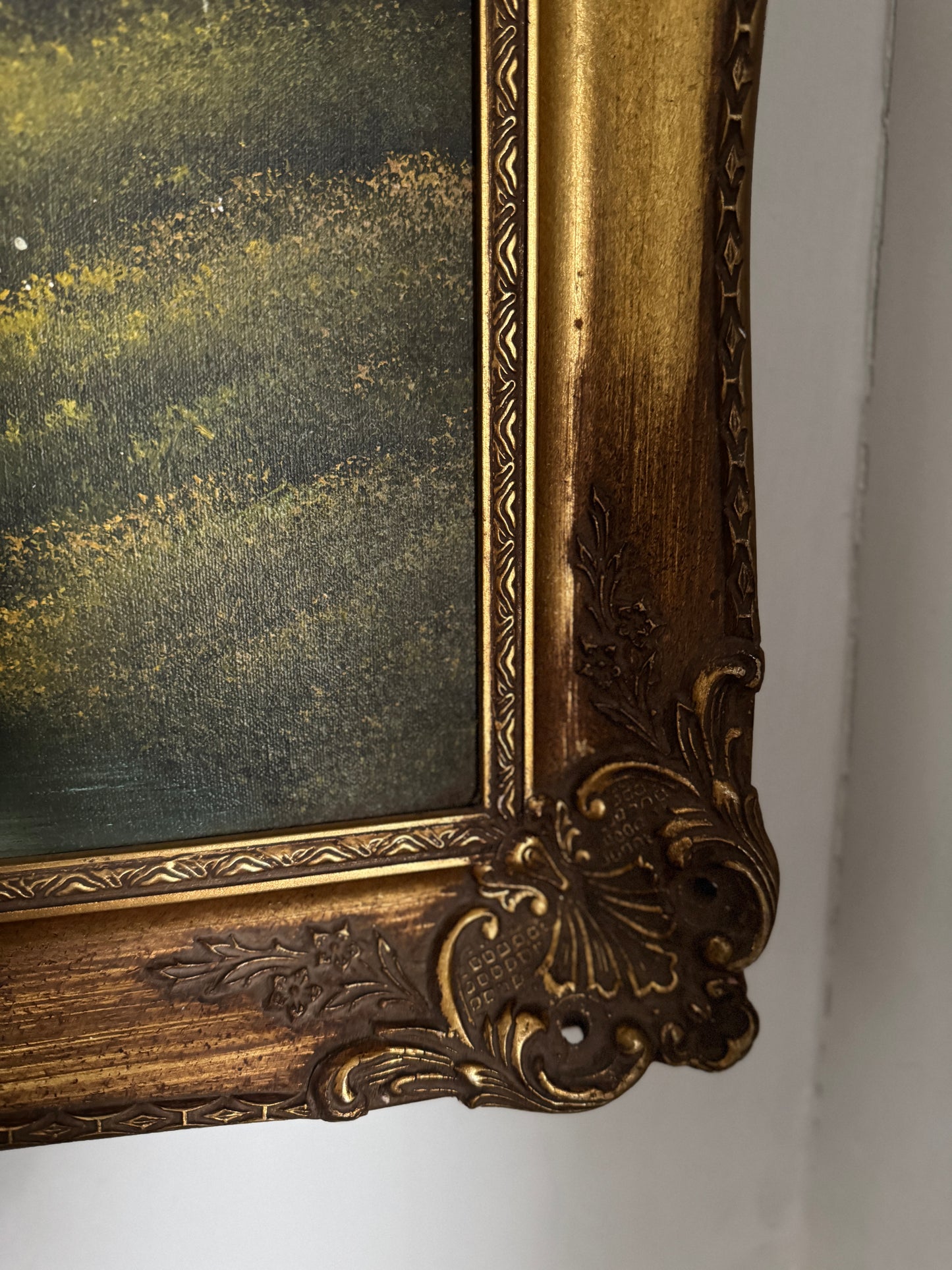 Vintage Large Landscape Oil Painting – Woodland River Scene, Ornate Gilt Frame (104 x 74 cm)