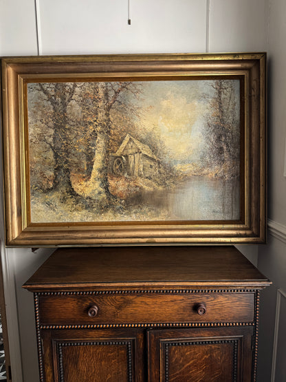 Large Vintage Oil Painting by Wilhelm Brauer German Watermill Landscape in Solid Wood Frame