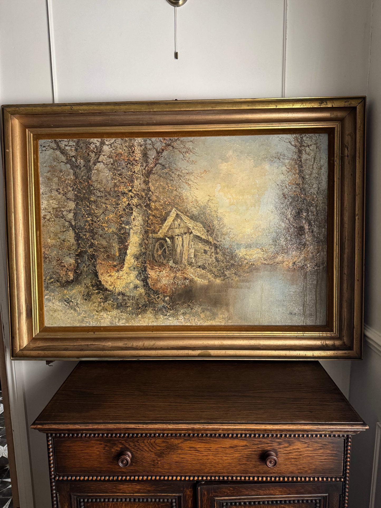 Large Vintage Oil Painting by Wilhelm Brauer German Watermill Landscape in Solid Wood Frame