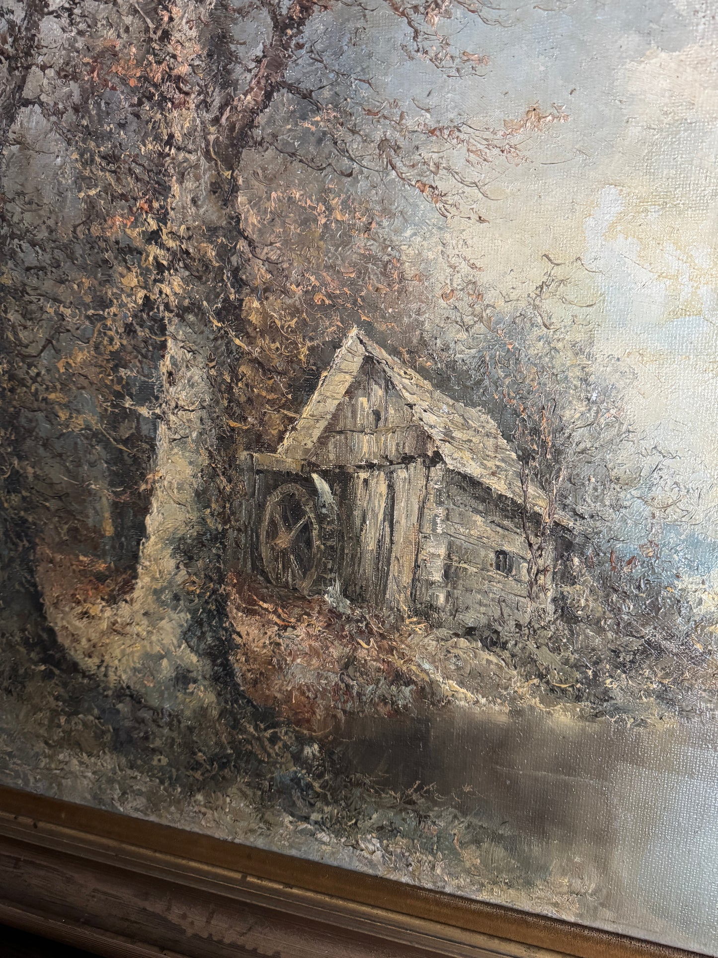 Large Vintage Oil Painting by Wilhelm Brauer German Watermill Landscape in Solid Wood Frame