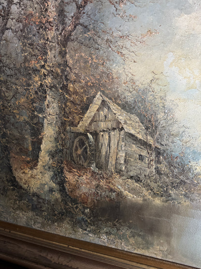 Large Vintage Oil Painting by Wilhelm Brauer German Watermill Landscape in Solid Wood Frame