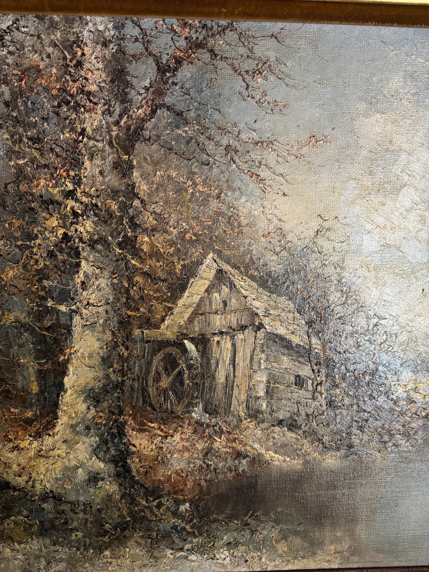 Large Vintage Oil Painting by Wilhelm Brauer German Watermill Landscape in Solid Wood Frame
