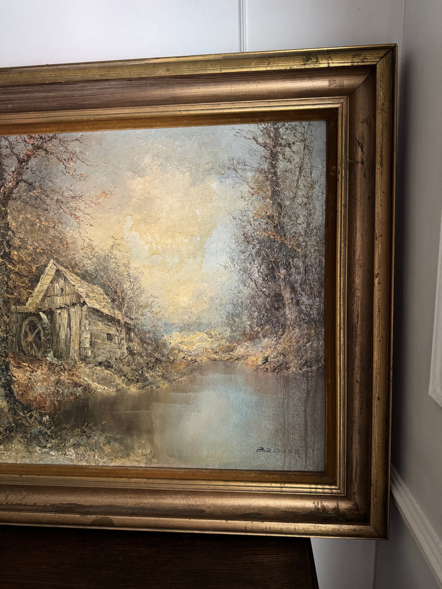 Large Vintage Oil Painting by Wilhelm Brauer German Watermill Landscape in Solid Wood Frame