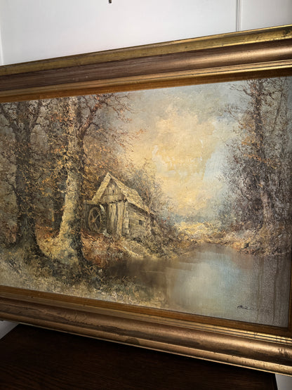 Large Vintage Oil Painting by Wilhelm Brauer German Watermill Landscape in Solid Wood Frame