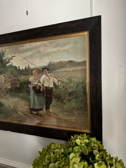 Antique Framed Lithograph -Return From the Field by Édouard Bernard Debat-Ponsan 1890s