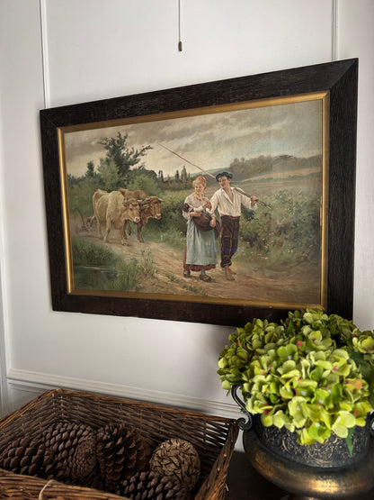 Antique Framed Lithograph -Return From the Field by Édouard Bernard Debat-Ponsan 1890s