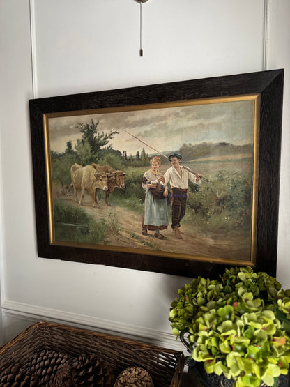 Antique Framed Lithograph -Return From the Field by Édouard Bernard Debat-Ponsan 1890s