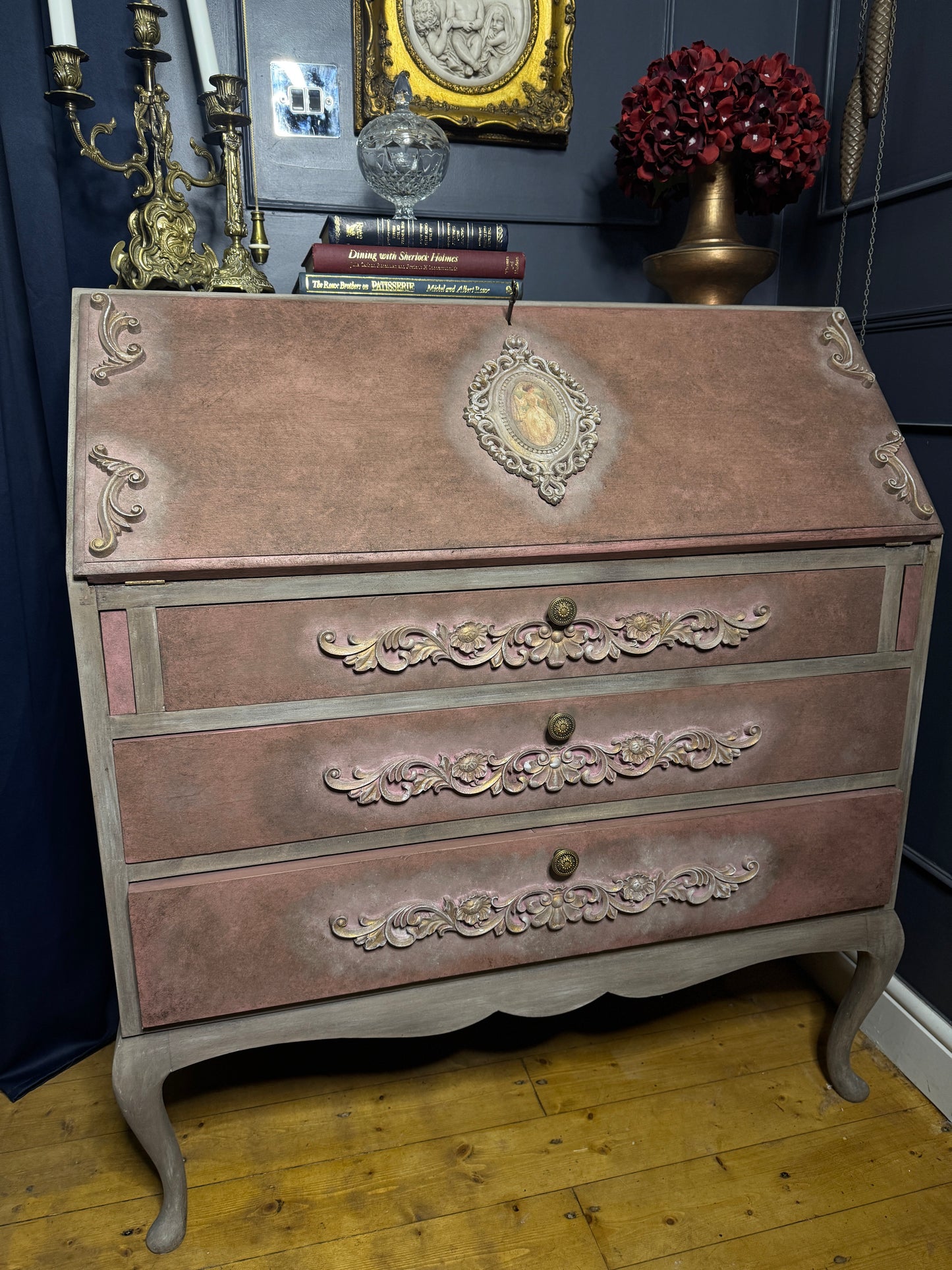 Antique Bureau Desk — French Romantic Style - Distressed Chalk Paint Finish