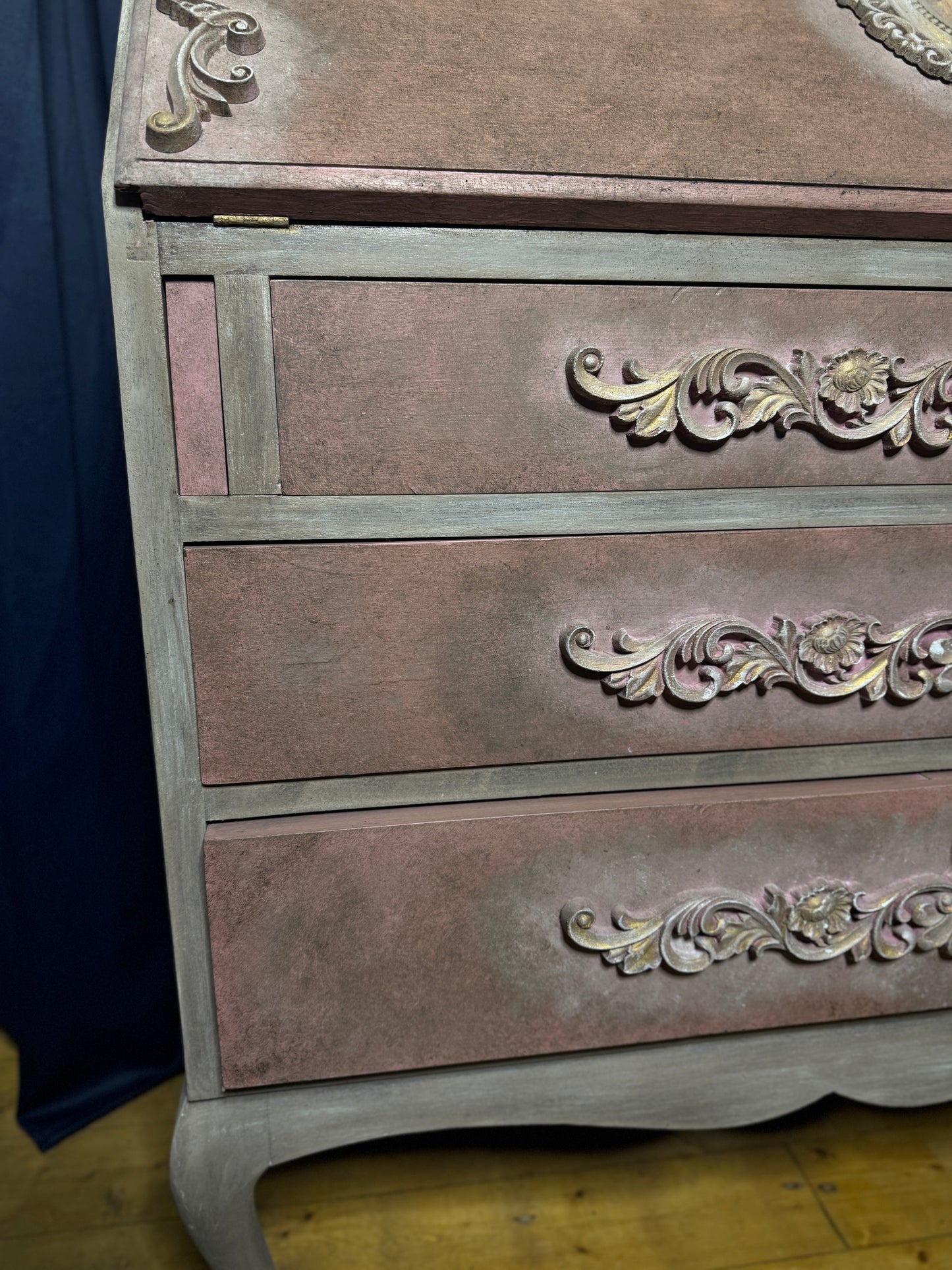 Antique Bureau Desk — French Romantic Style - Distressed Chalk Paint Finish