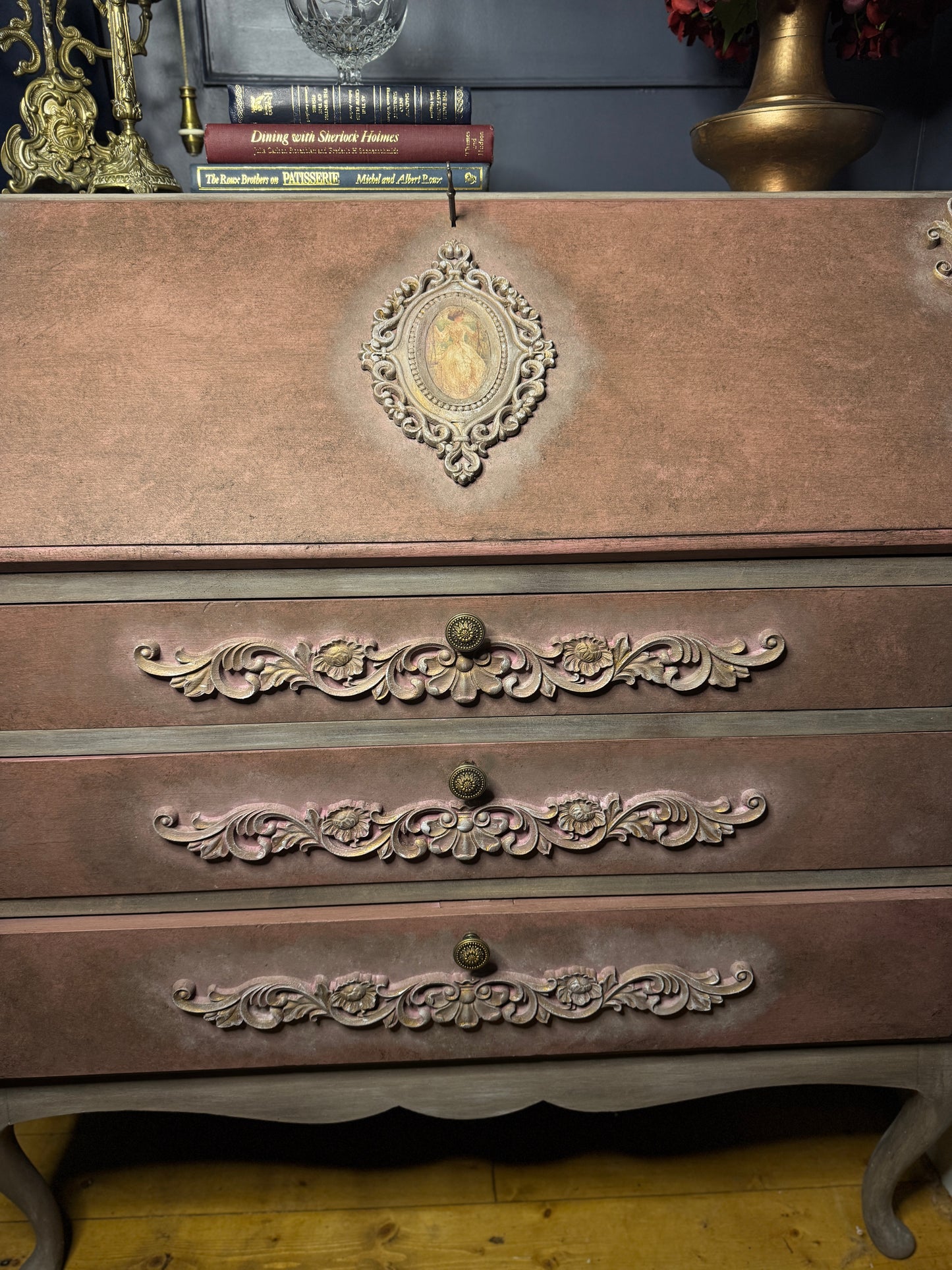 Antique Bureau Desk — French Romantic Style - Distressed Chalk Paint Finish