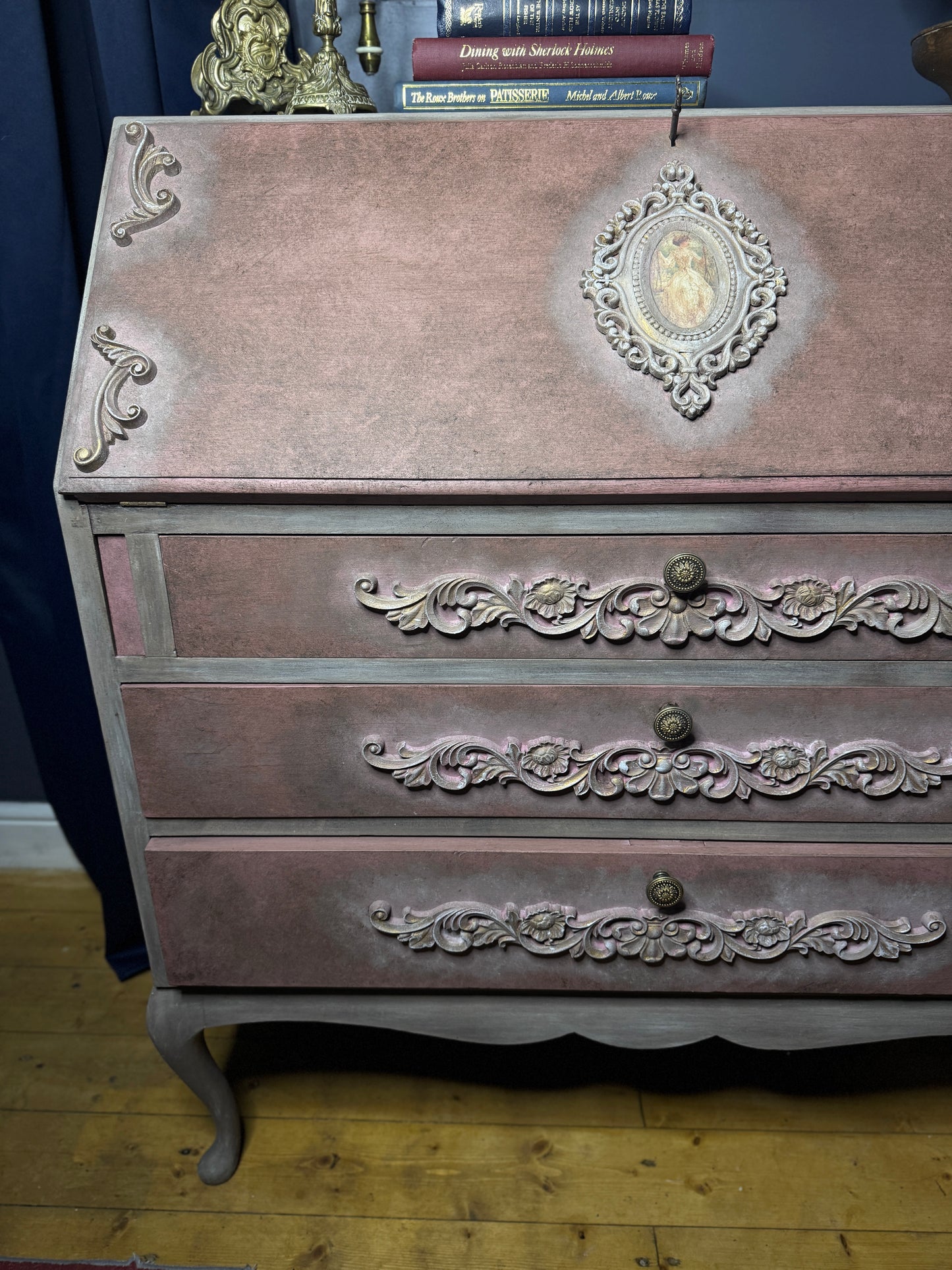 Antique Bureau Desk — French Romantic Style - Distressed Chalk Paint Finish