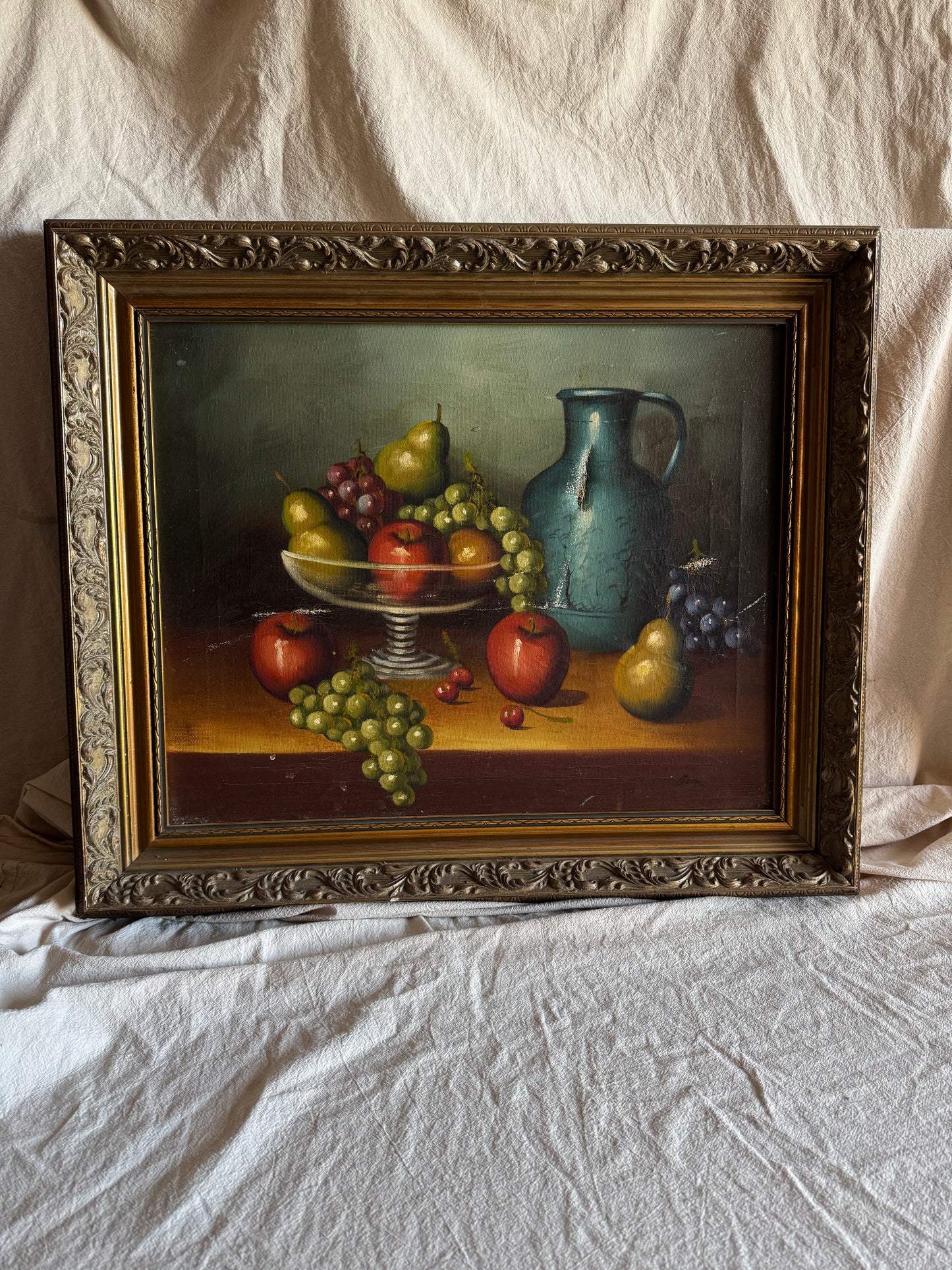 Mid Century European Still Life Oil Painting Fruit Bowl Blue Pitcher Framed Vintage 1960s