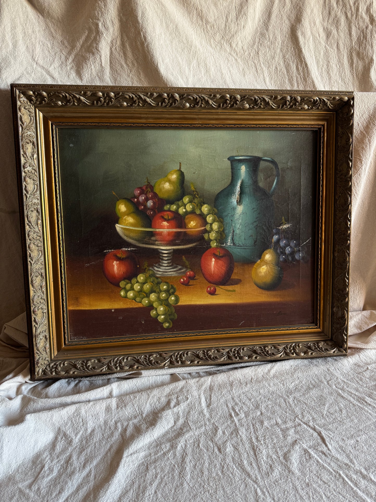 Mid Century European Still Life Oil Painting Fruit Bowl Blue Pitcher Framed Vintage 1960s