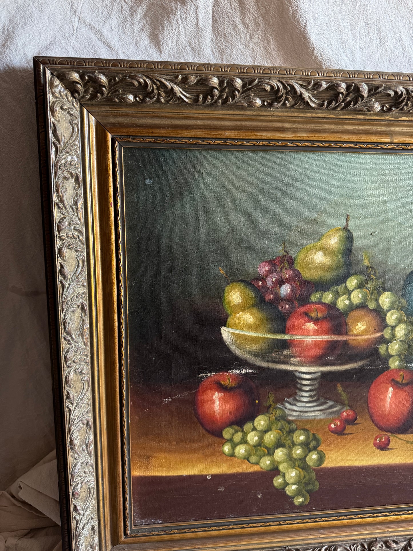 Mid Century European Still Life Oil Painting Fruit Bowl Blue Pitcher Framed Vintage 1960s