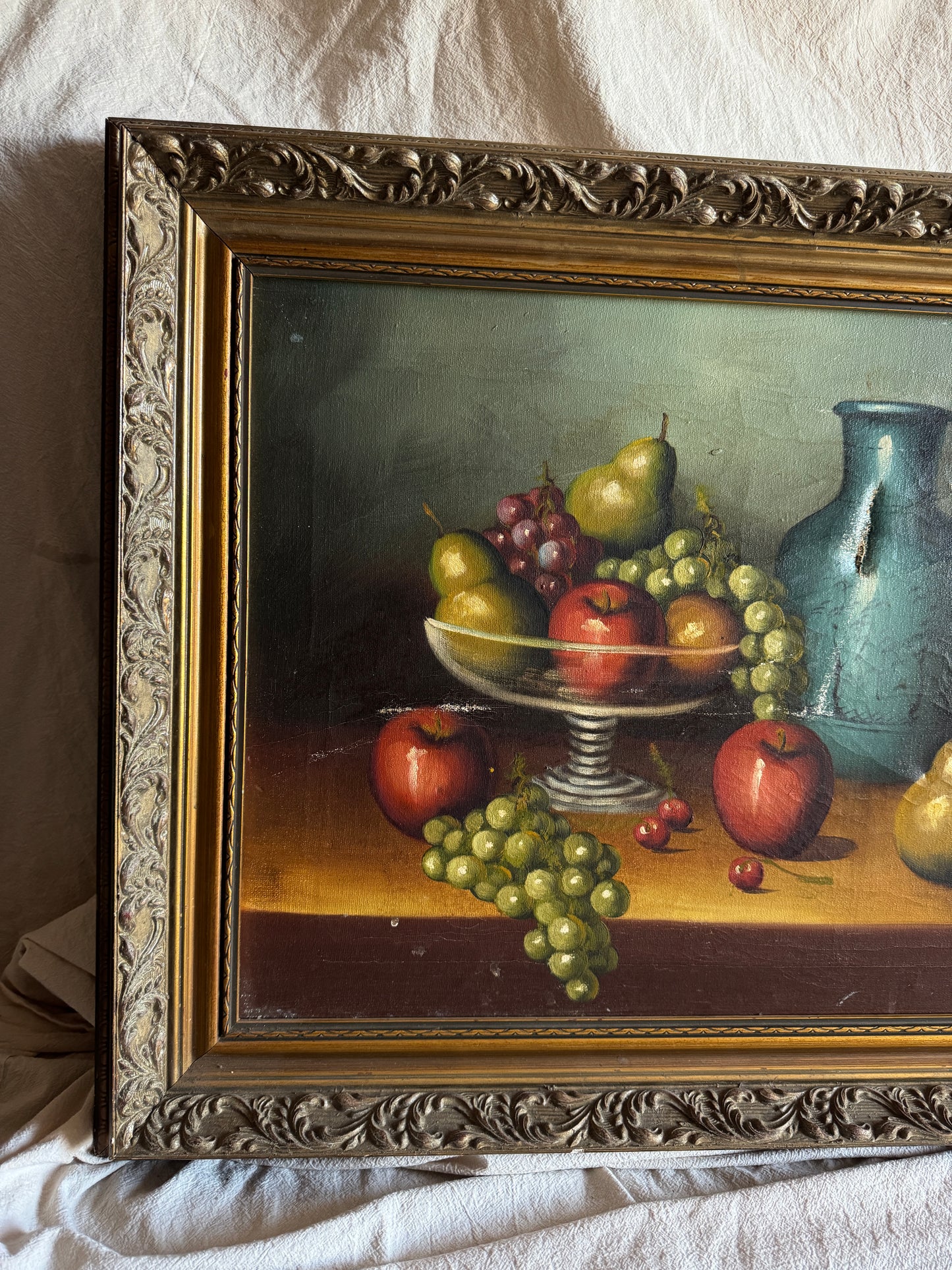 Mid Century European Still Life Oil Painting Fruit Bowl Blue Pitcher Framed Vintage 1960s