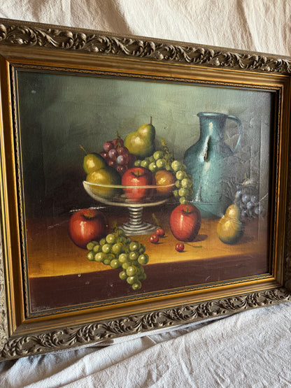 Mid Century European Still Life Oil Painting Fruit Bowl Blue Pitcher Framed Vintage 1960s