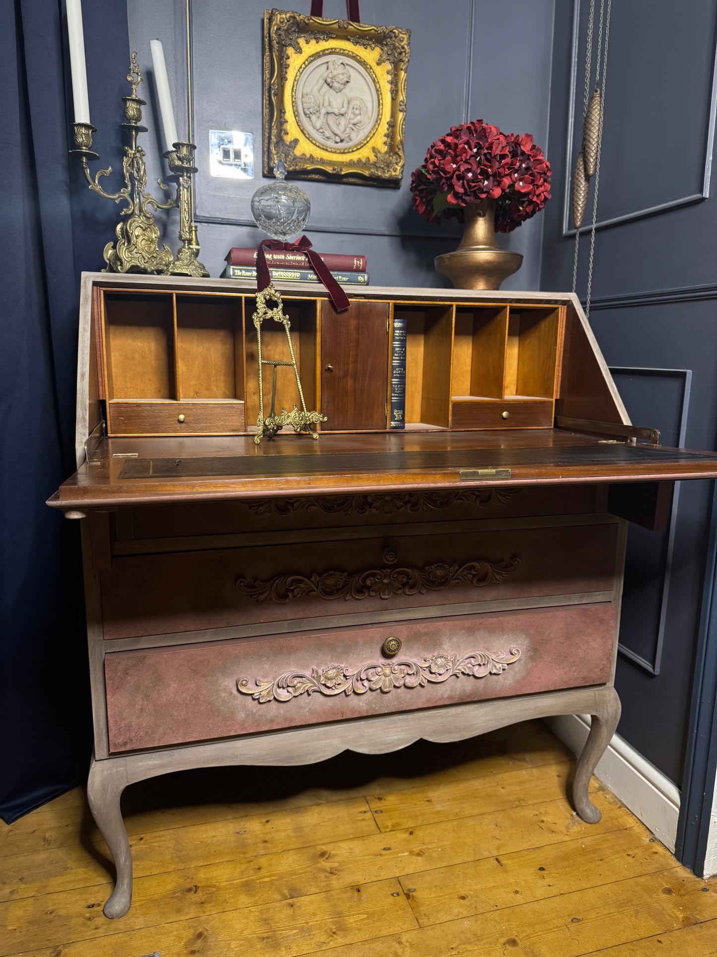 Antique Bureau Desk — French Romantic Style - Distressed Chalk Paint Finish