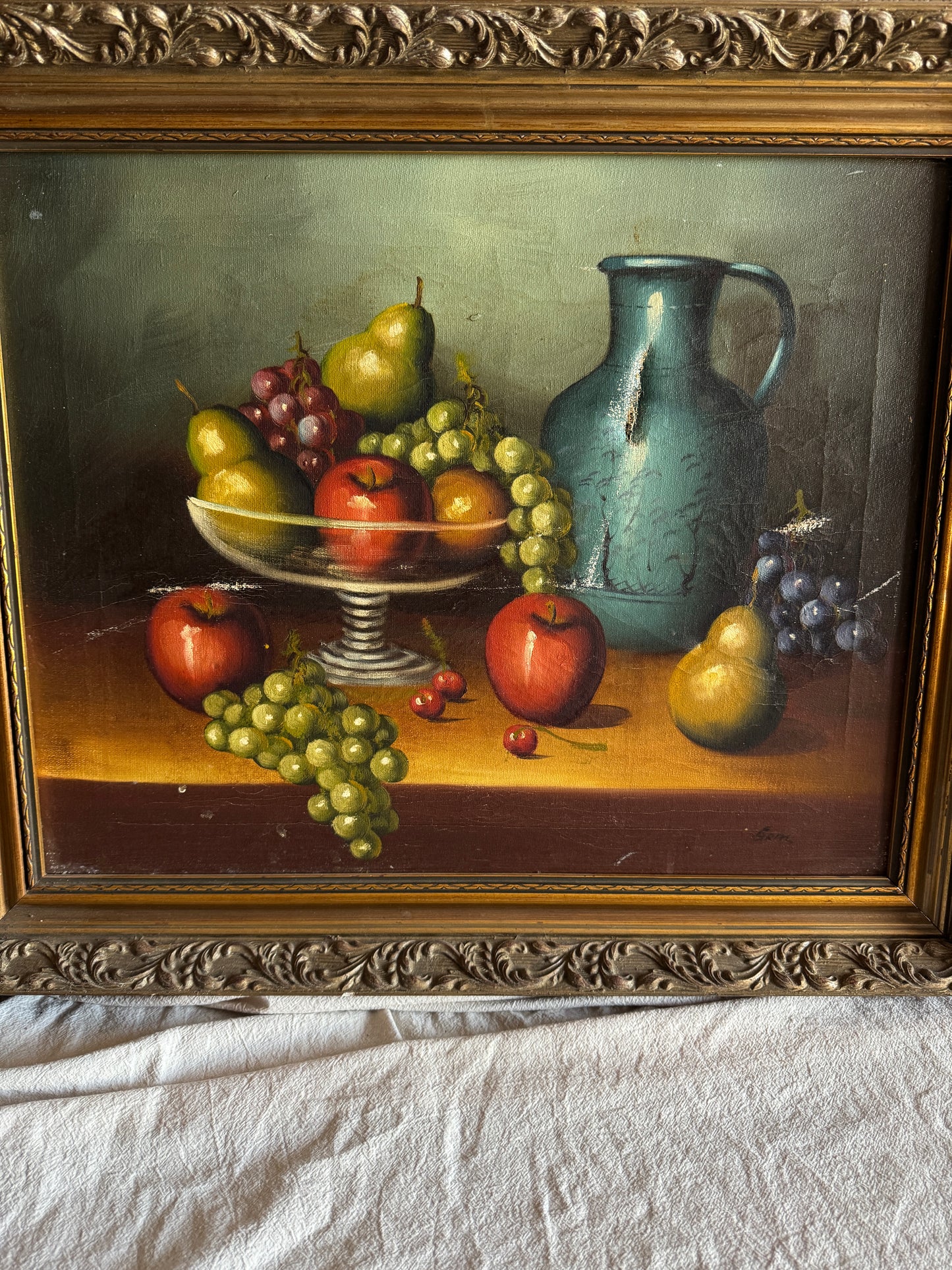 Mid Century European Still Life Oil Painting Fruit Bowl Blue Pitcher Framed Vintage 1960s
