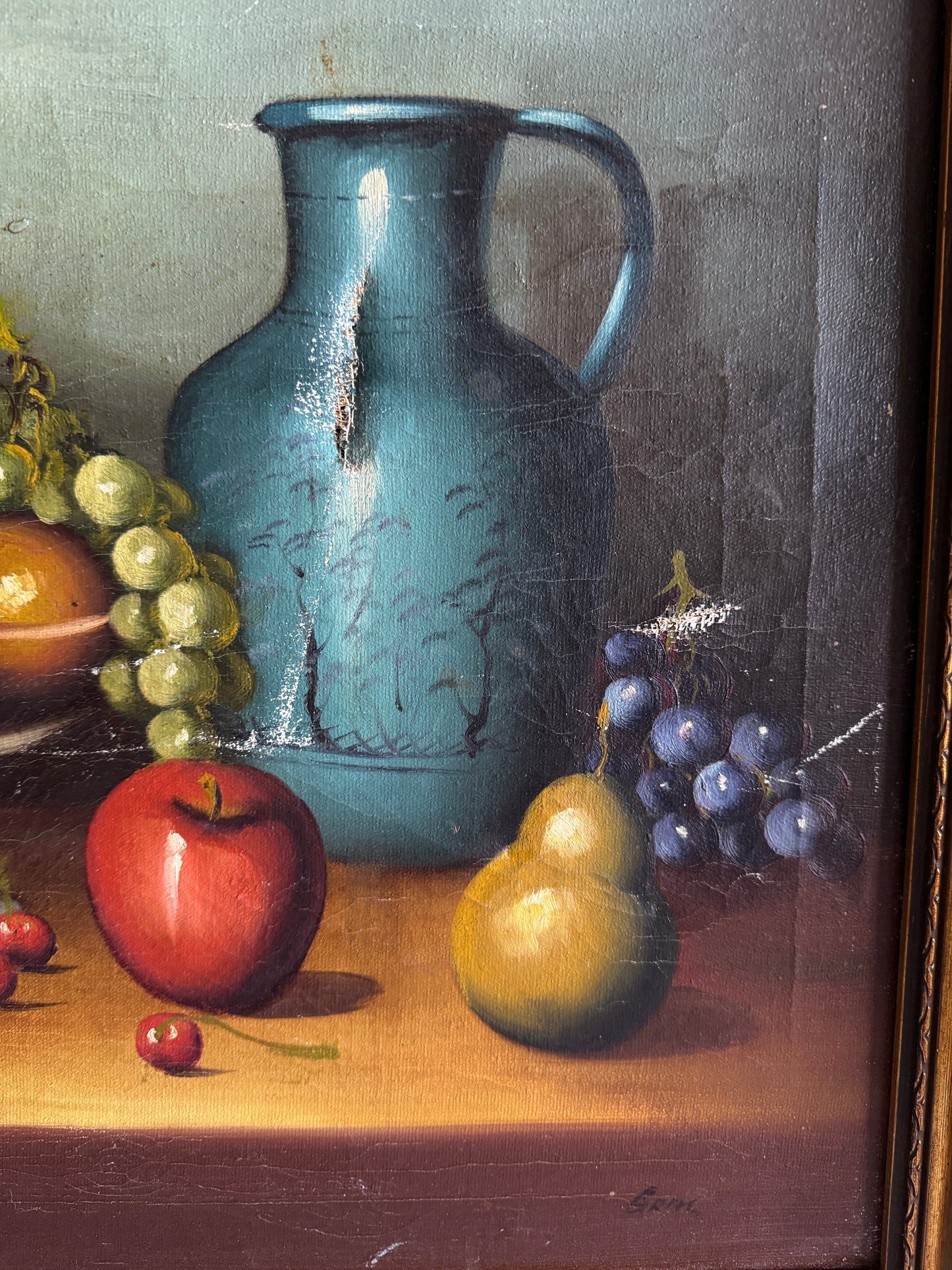Mid Century European Still Life Oil Painting Fruit Bowl Blue Pitcher Framed Vintage 1960s