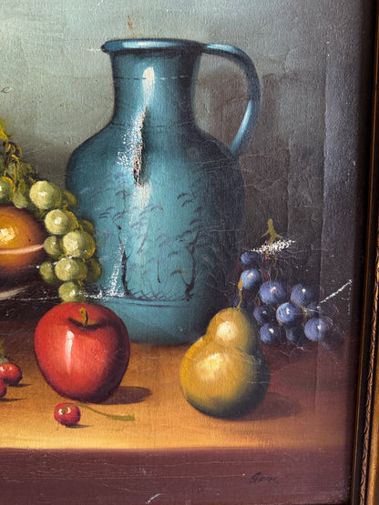 Mid Century European Still Life Oil Painting Fruit Bowl Blue Pitcher Framed Vintage 1960s