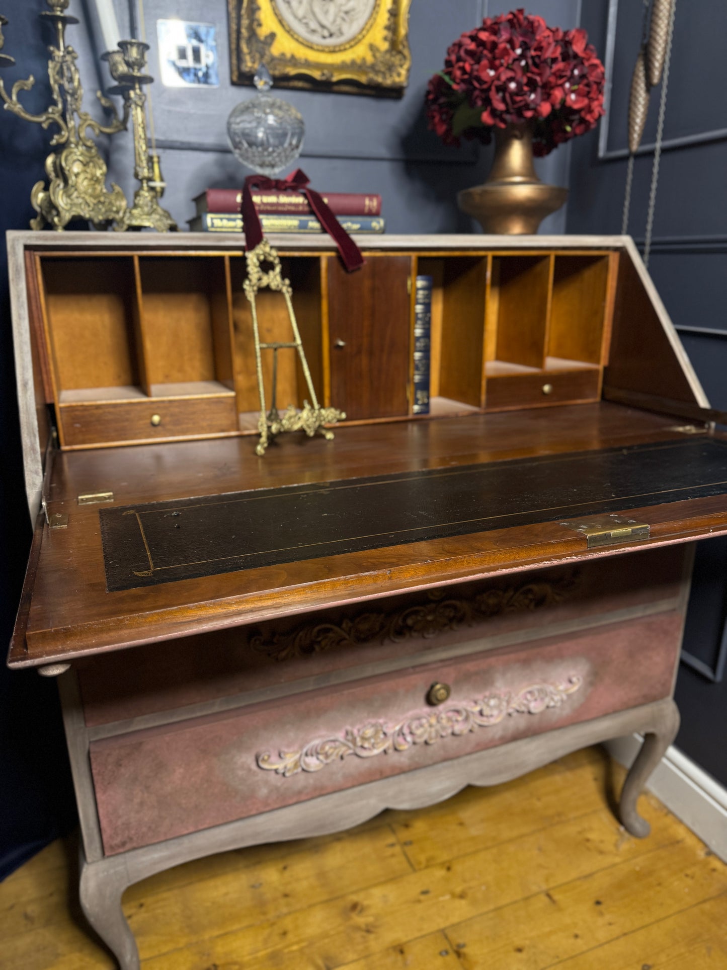 Antique Bureau Desk — French Romantic Style - Distressed Chalk Paint Finish