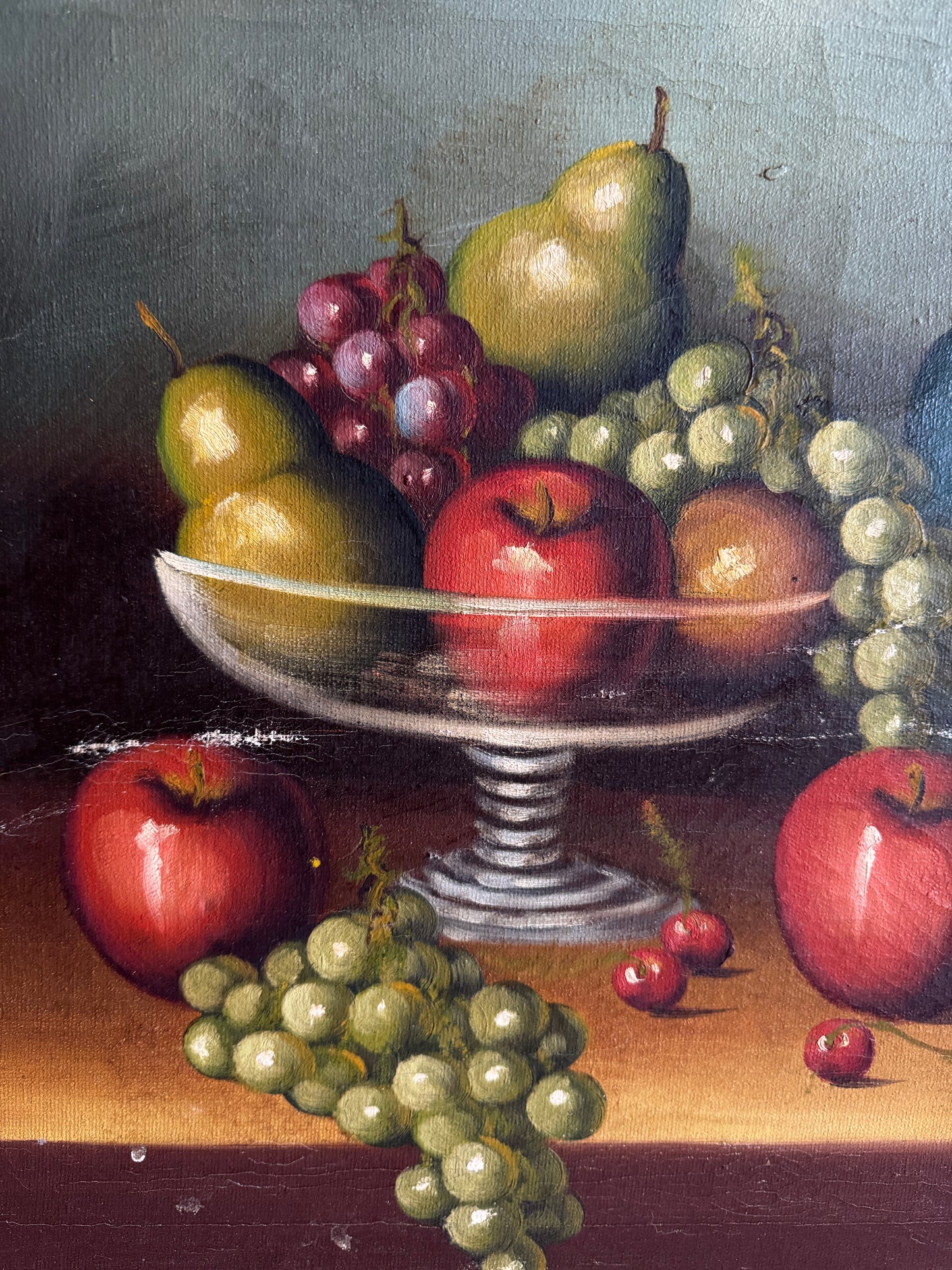 Mid Century European Still Life Oil Painting Fruit Bowl Blue Pitcher Framed Vintage 1960s