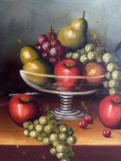 Mid Century European Still Life Oil Painting Fruit Bowl Blue Pitcher Framed Vintage 1960s