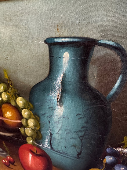 Mid Century European Still Life Oil Painting Fruit Bowl Blue Pitcher Framed Vintage 1960s