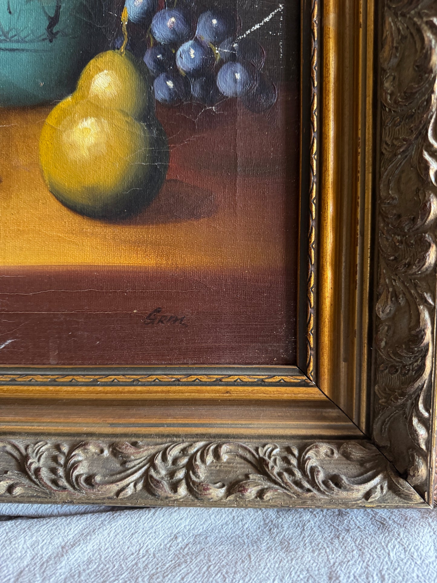 Mid Century European Still Life Oil Painting Fruit Bowl Blue Pitcher Framed Vintage 1960s