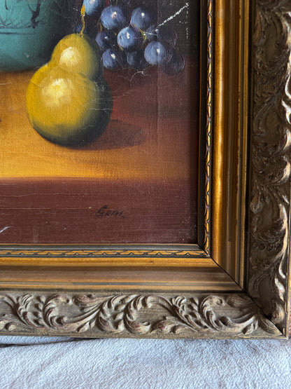 Mid Century European Still Life Oil Painting Fruit Bowl Blue Pitcher Framed Vintage 1960s