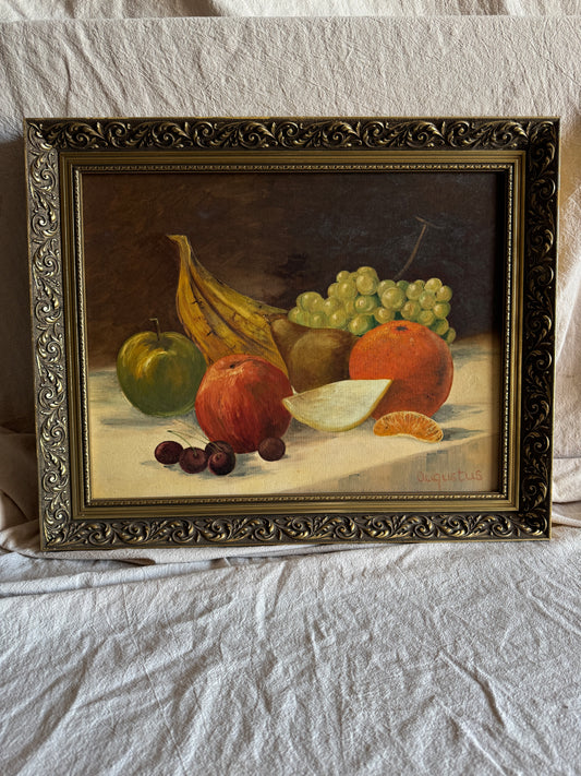 Vintage Medium Size Still Life Oil Painting Fruit Bowl Signed Augustus in Ornate Frame