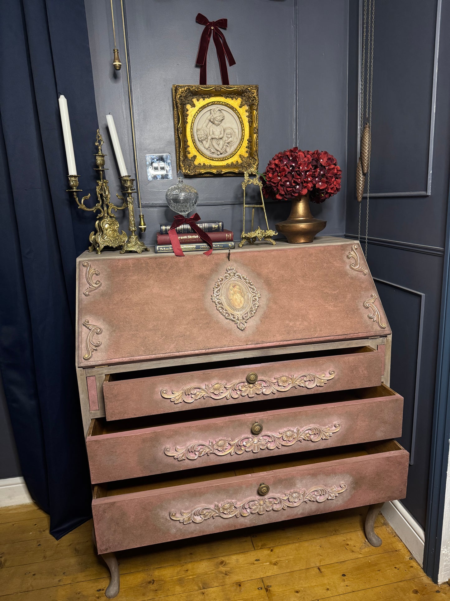 Antique Bureau Desk — French Romantic Style - Distressed Chalk Paint Finish
