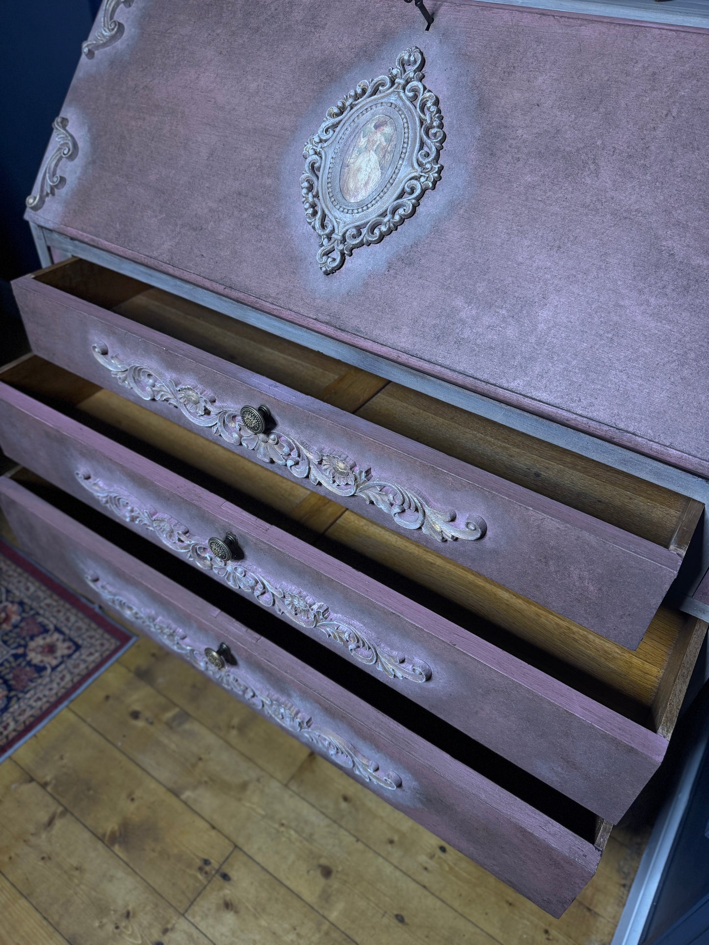 Antique Bureau Desk — French Romantic Style - Distressed Chalk Paint Finish