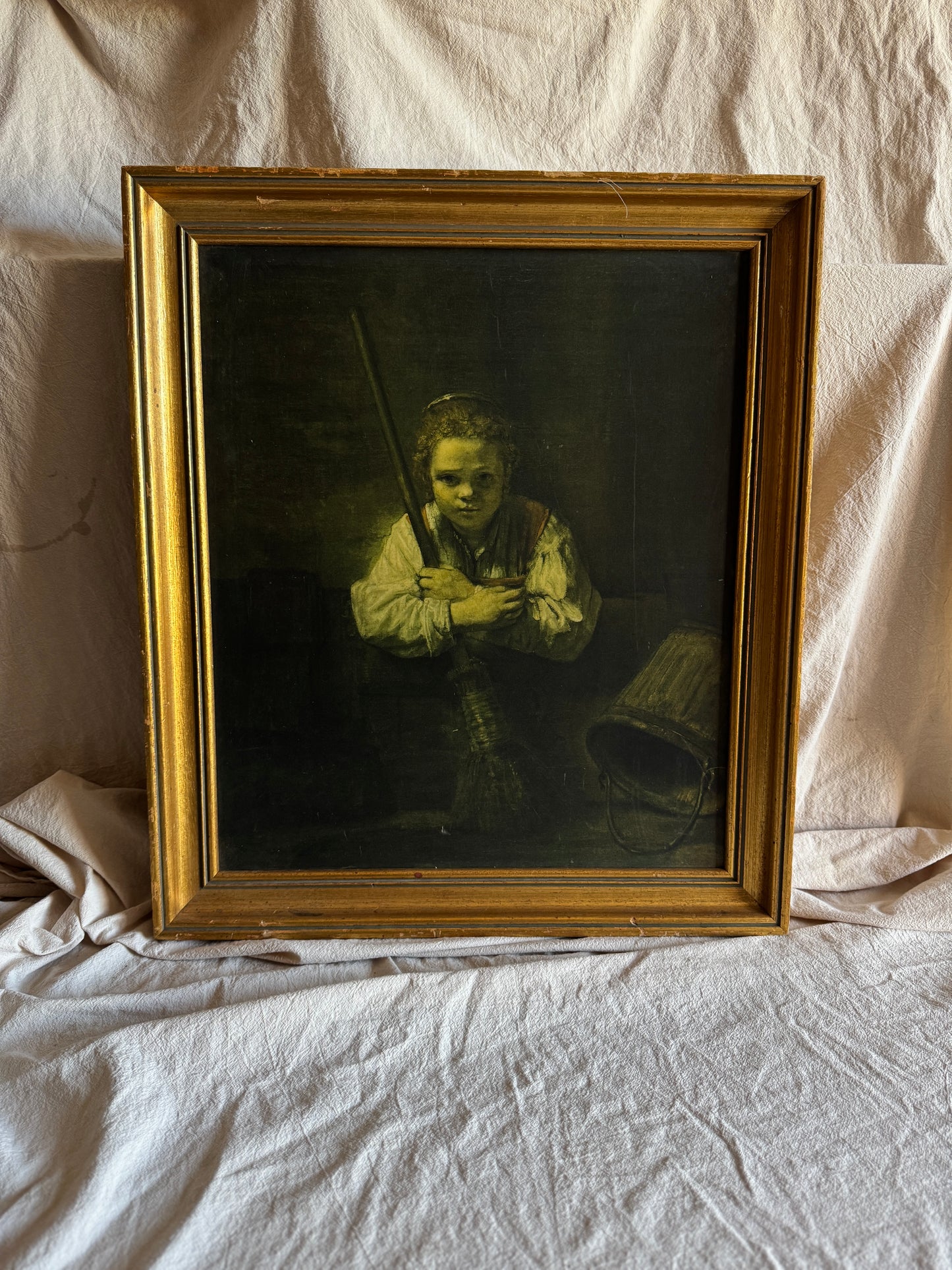 Rembrandt “A Girl with a Broom” Framed Vintage Dutch Print | Heavy Gilt Frame