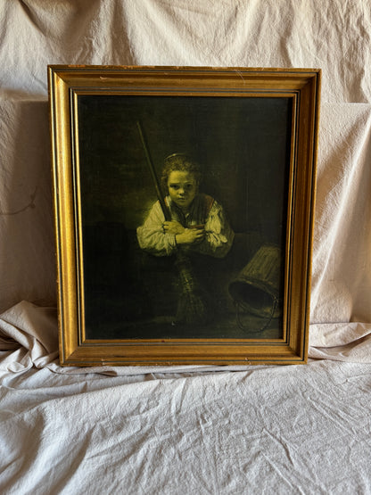 Rembrandt “A Girl with a Broom” Framed Vintage Dutch Print | Heavy Gilt Frame
