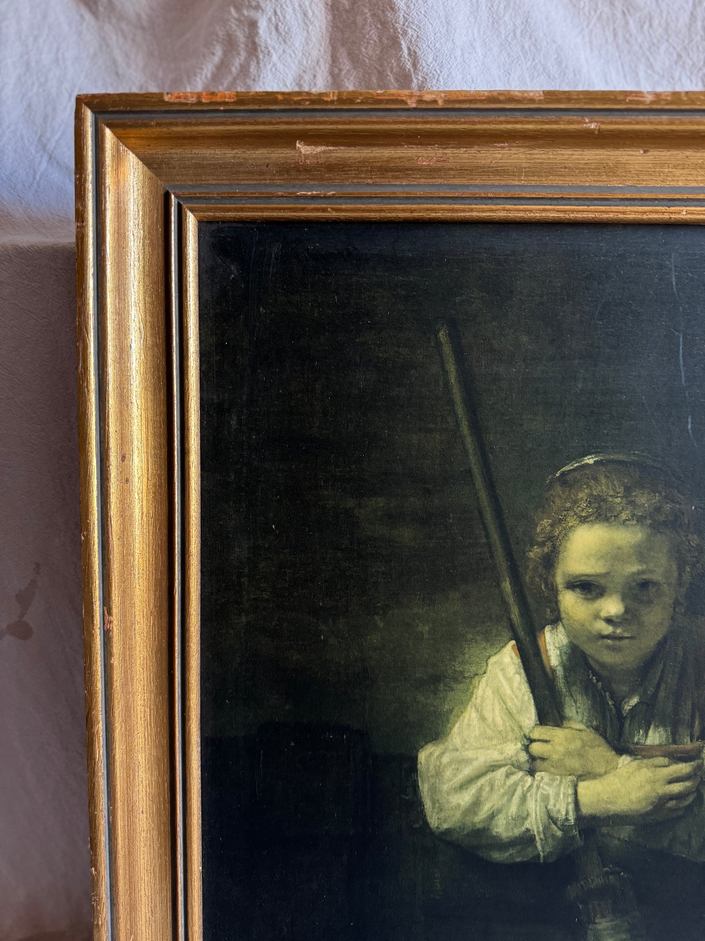 Rembrandt “A Girl with a Broom” Framed Vintage Dutch Print | Heavy Gilt Frame