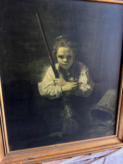 Rembrandt “A Girl with a Broom” Framed Vintage Dutch Print | Heavy Gilt Frame