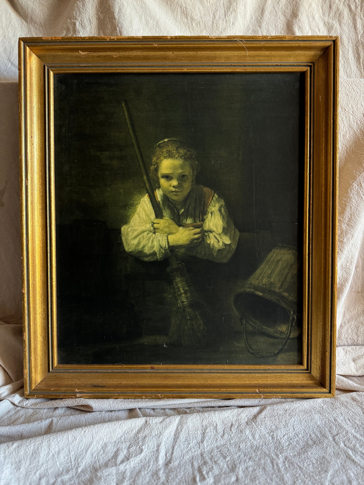 Rembrandt “A Girl with a Broom” Framed Vintage Dutch Print | Heavy Gilt Frame