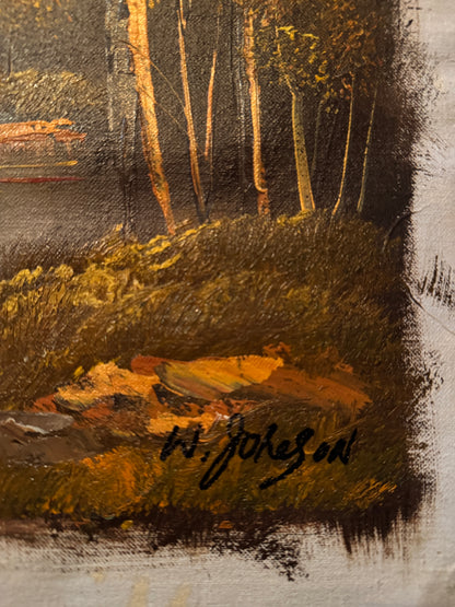 Vintage Oil Painting by W. Johnson — “Peacefulness by the Lake” — Ornate Carved Gilt Louis Frame