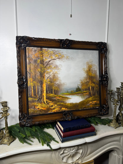 Vintage Oil Painting by W. Johnson — “Peacefulness by the Lake” — Ornate Carved Gilt Louis Frame