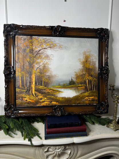 Vintage Oil Painting by W. Johnson — “Peacefulness by the Lake” — Ornate Carved Gilt Louis Frame