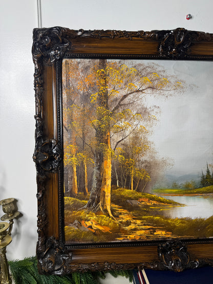 Vintage Oil Painting by W. Johnson — “Peacefulness by the Lake” — Ornate Carved Gilt Louis Frame