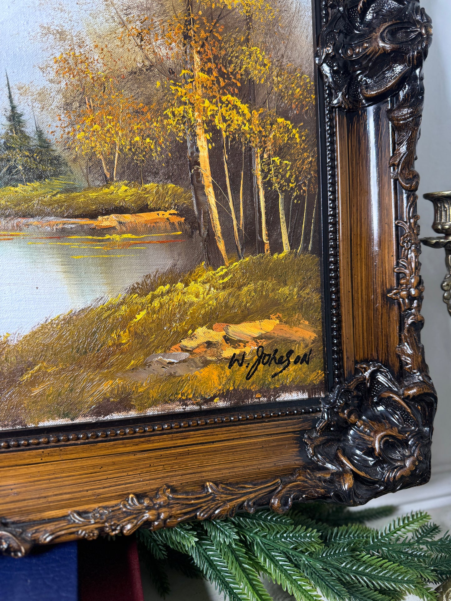 Vintage Oil Painting by W. Johnson — “Peacefulness by the Lake” — Ornate Carved Gilt Louis Frame