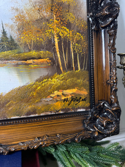 Vintage Oil Painting by W. Johnson — “Peacefulness by the Lake” — Ornate Carved Gilt Louis Frame