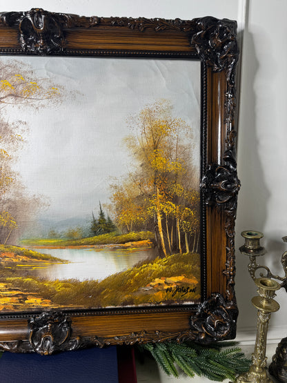 Vintage Oil Painting by W. Johnson — “Peacefulness by the Lake” — Ornate Carved Gilt Louis Frame